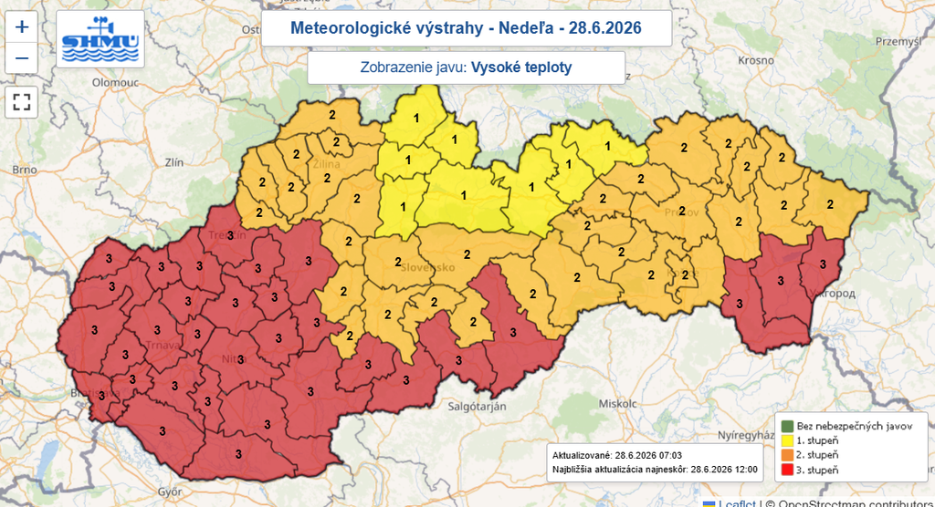 Na snímke mapa výstrah pred vysokými teplotami.