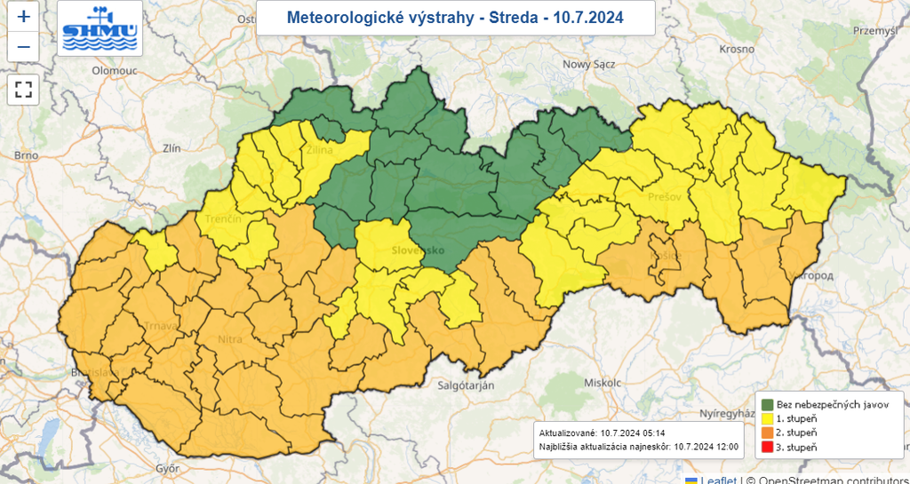 Mapa výstrah pred vysokými teplotami.