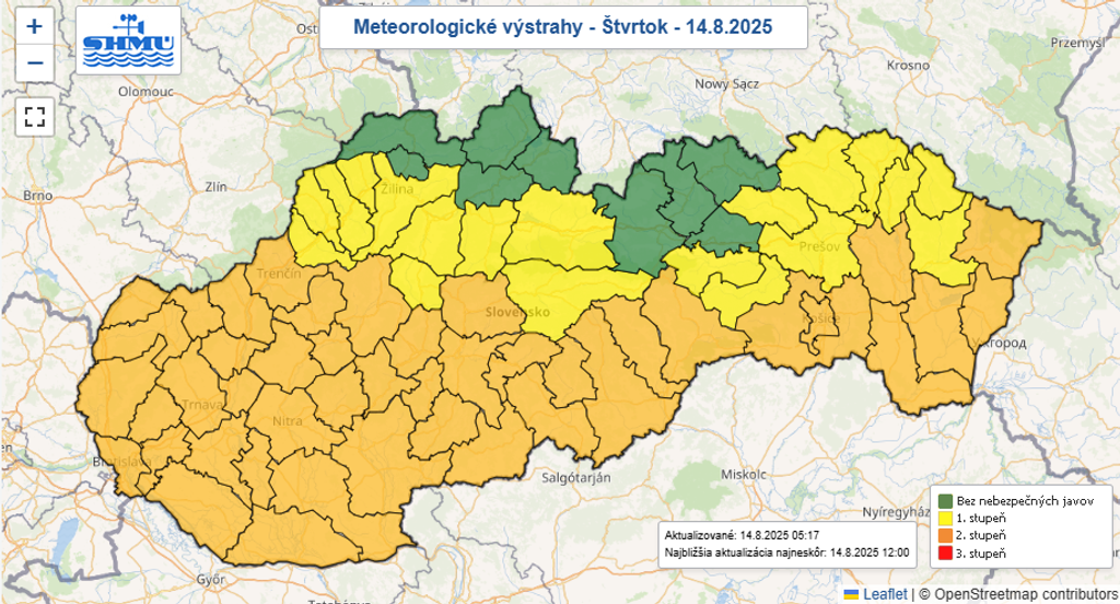 Výstrahy na štvrtok 14. 8.