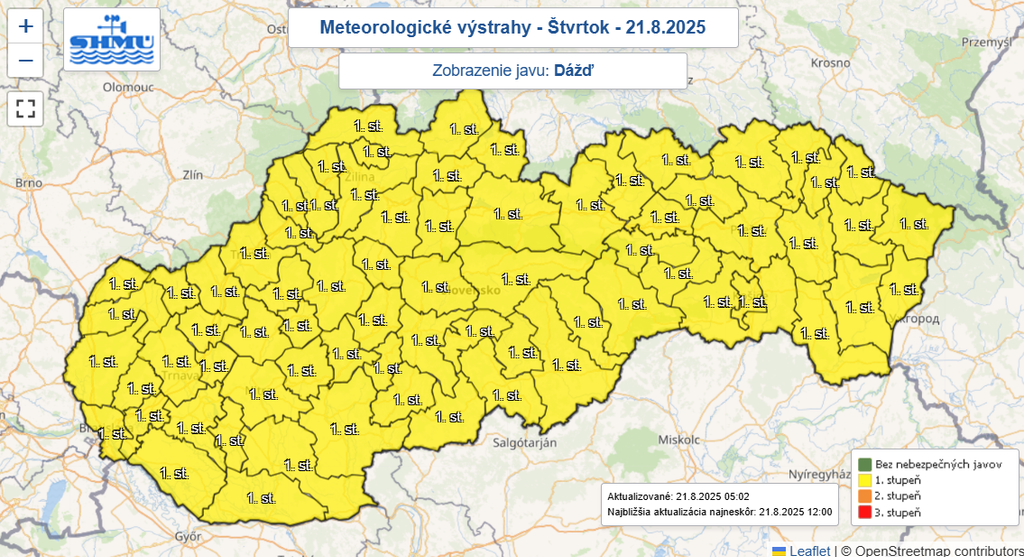 Na snímke mapa výstrah pred dažďom.