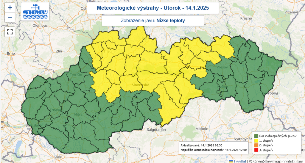 Mapa výstrah pred nízkymi teplotami.