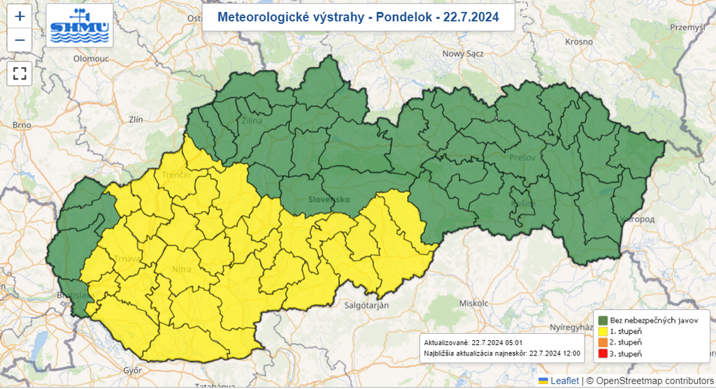 Mapa výstrah pred vysokými teplotami.