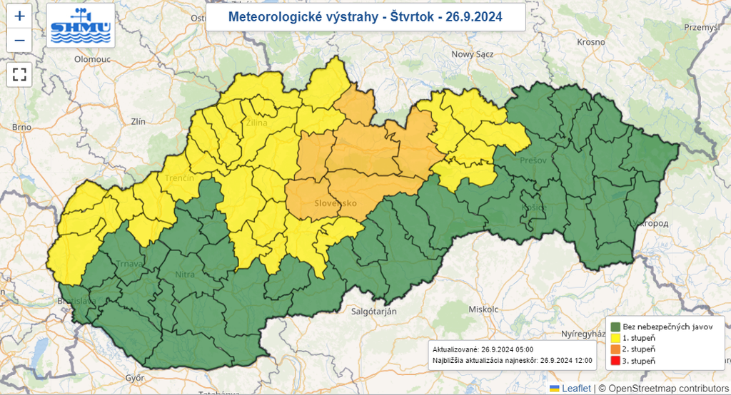 Mapa výstrah pred silným vetrom.