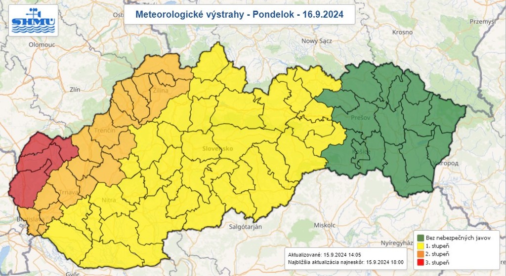 Výstrahy na pondelok (16. 9.). 