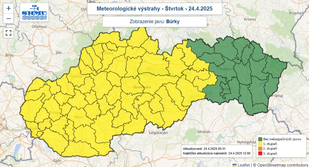 Na snímke mapa výstrah pred búrkami.
