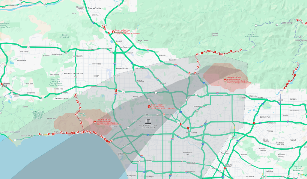 Mapa Los Angeles s oblasťami požiaru