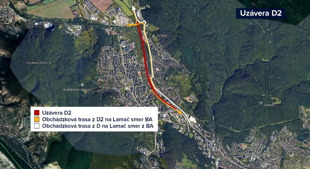 Mapy, ako bude uzavretá diaľnica D2.