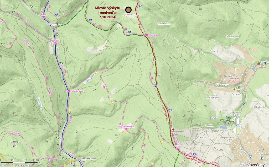 Miesto výskytu medveďa pri Košiciach.