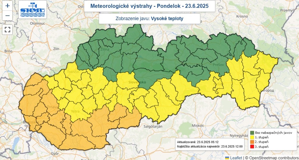 Na snímka mapa výstrah pred vysokými teplotami.