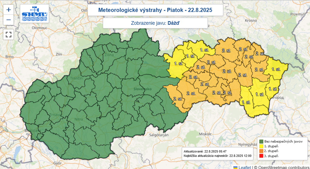 Mapa výstrah pred dažďom.
