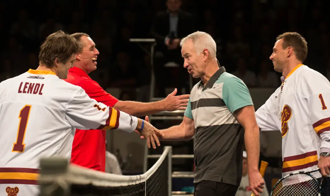 Róbert Petrovický, Ivan Lendl, John McEnroe a Richard Lintner na tenisovej exhibícii.