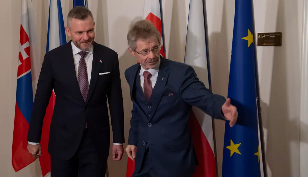 Na snímke predseda Národnej rady (NR) SR Peter Pellegrini (vľavo) a predseda Senátu Parlamentu ČR Miloš Vystrčil pózujú počas stretnutia v Prahe.