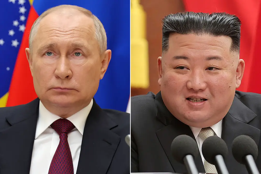 Na kombosnímke sú zľava ruský prezident Vladimir Putin a severokórejský vodca Kim Čong-un.