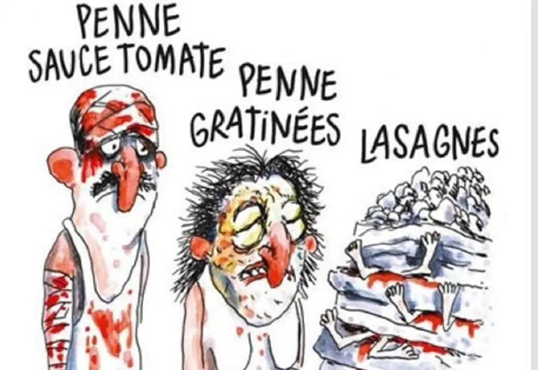 Charlie Hebdo rozhorčil Talianov karikatúrou obetí zemetrasenia. Telá trčia z lasagní