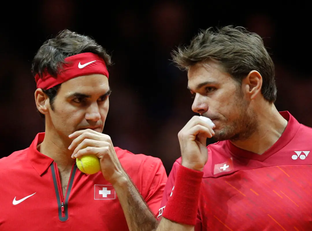 Roger Federer a Stanislas Wawrinka počas finálovej štvorhry na DC.