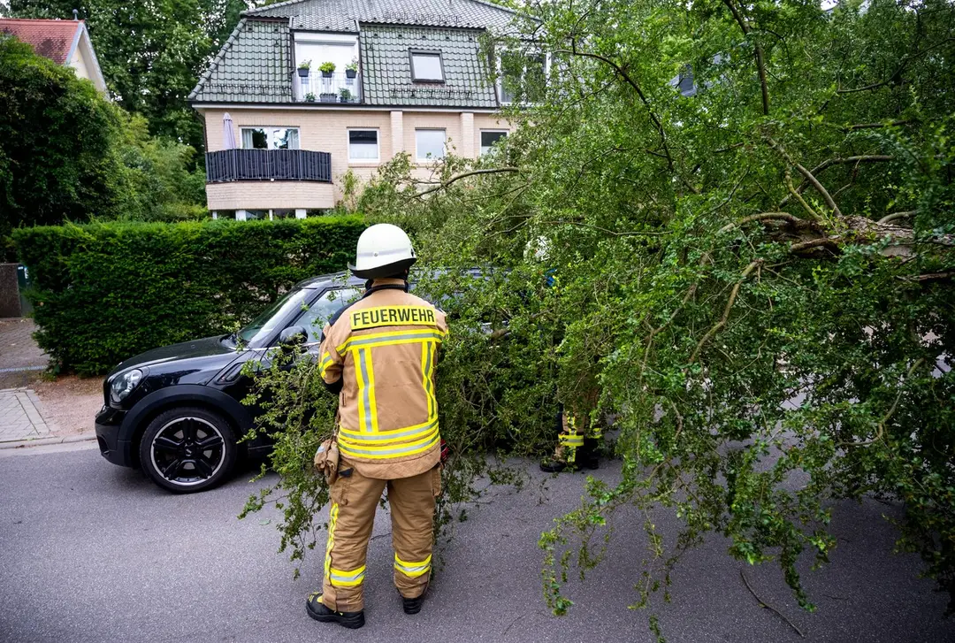 Spadnutý strom po búrke odstraňujú na ceste nemeckí hasiči.