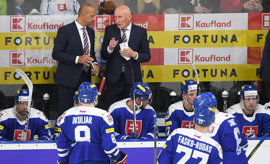 Na snímke tréner slovenskej hokejovej reprezentácie  Craig Ramsay (hore vpravo) a jeho asistent Ján Pardavý.