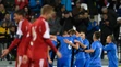 Radosť slovenských reprezentantov do 21 rokov po góle Pavla Šafranka proti Bielorusku v kvalifikácii ME 2017.