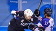 Radosť slovenských hráčov z gólu v dueli na ZOH 2018 proti USA - zľava strelec Kudrna, Surový a Nagy.