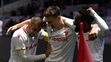 Zľava Filip Bainovič, Dominik Hollý a Eynel Domingos (všetci Trenčín) oslavujú gól v zápase 13. kola Fortuna ligy proti Slovanu.