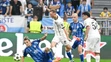 Na snímke zľava Július Szöke (Slovan), Joel Andersson (Midtjylland), Vladimír Weiss mladší (Slovan) a Aral Simsir (Midtjylland).