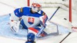 Gólman Slovenska Šimon Latkóczy inkasuje v dueli MS juniorov 2022 z hokejky Američana Matta Kniesa.