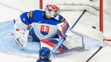 Gólman Slovenska Šimon Latkóczy inkasuje v dueli MS juniorov 2022 z hokejky Američana Matta Kniesa.