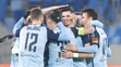 Druhý sprava Marko Tolič (Slovan) sa teší so spoluhráčmi po strelení svojho druhého gólu v 18. kole Niké ligy proti Dunajskej Strede.