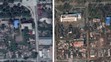 Kombosnímka zo satelitu zachytáva budovy a domy v Mariupole z februára 2022 pred (vľavo) a po (vpravo) ruskej invázii na Ukrajine.