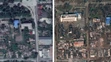 Kombosnímka zo satelitu zachytáva budovy a domy v Mariupole z februára 2022 pred (vľavo) a po (vpravo) ruskej invázii na Ukrajine.