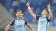 Sprava Marko Tolič a Kyriakos Savvidis (obaja Slovan) oslavujú gól v 18. kole Niké ligy proti Dunajskej Strede.
