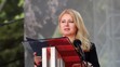 Prezidentka Zuzana Čaputová počas príhovoru na celoštátnych oslavách 78. výročia SNP v areáli Múzea SNP v Banskej Bystrici.