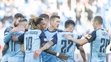 Tretí zľava Gerson Rodrigues (Slovan) oslavuje gól so spoluhráčmi v 20. kole Niké ligy proti Zlatým Moravciam.