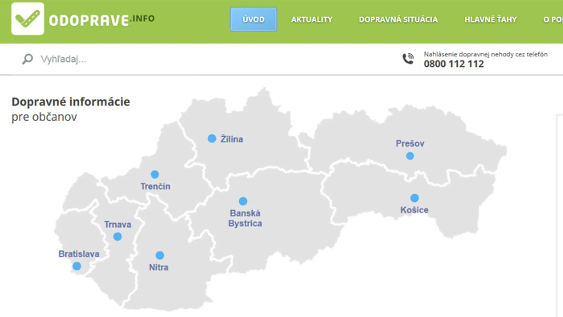 Úvodná stránka nového portálu o dopravnej situácii na Slovensku.