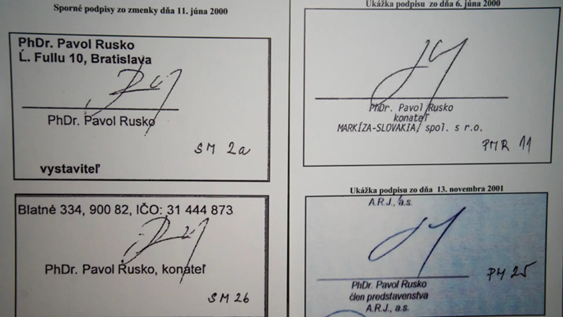 Na snímke kópie sporných podpisov zo zmenky dňa 11. januára 2000.