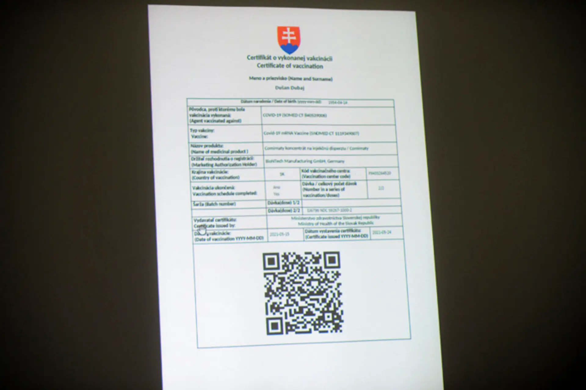 Certifikát o očkovaní.