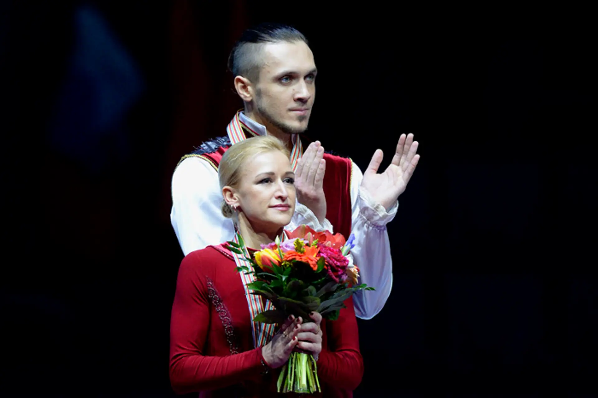 Víťazi voľných jázd športových dvojíc Rusi Tatiana Volosožarová a Maxim Traňkov na ME.