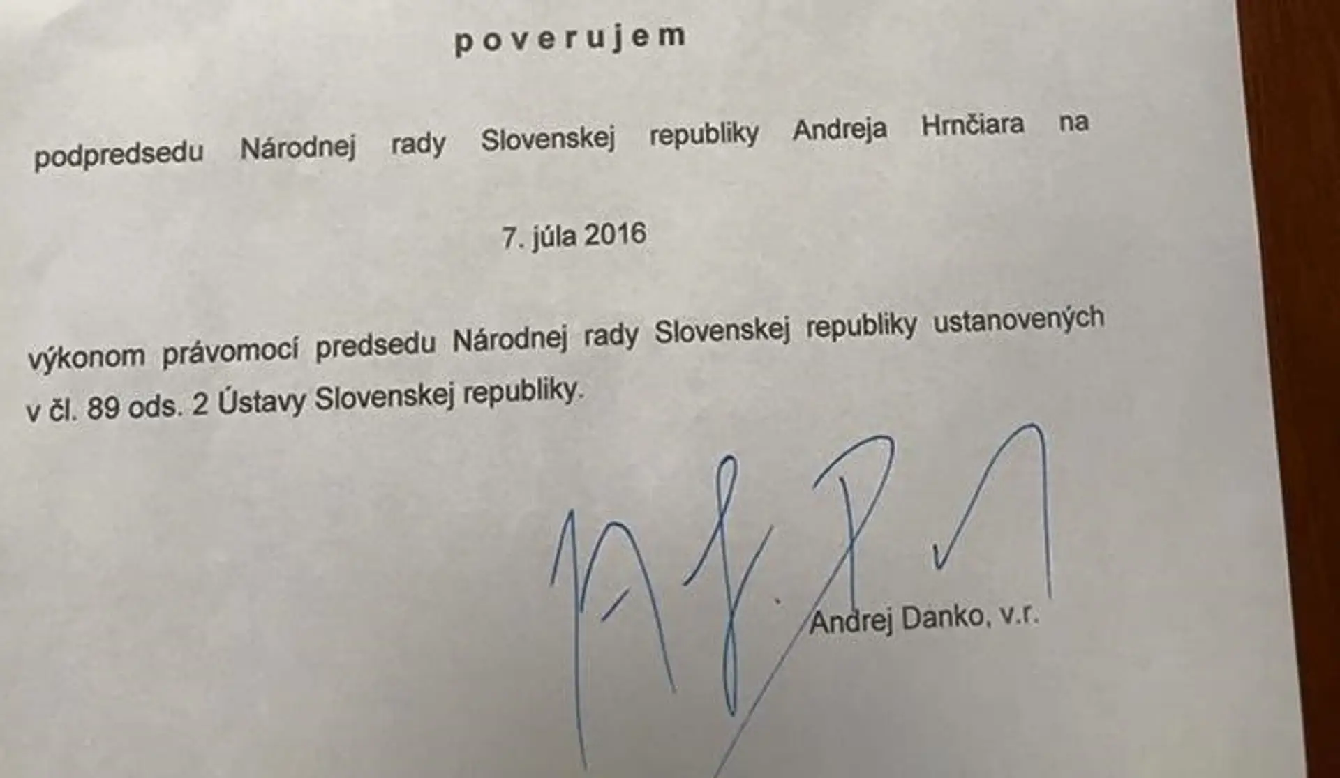 Poverenie Andreja Hrnčiara viesť schôdzu NR SR