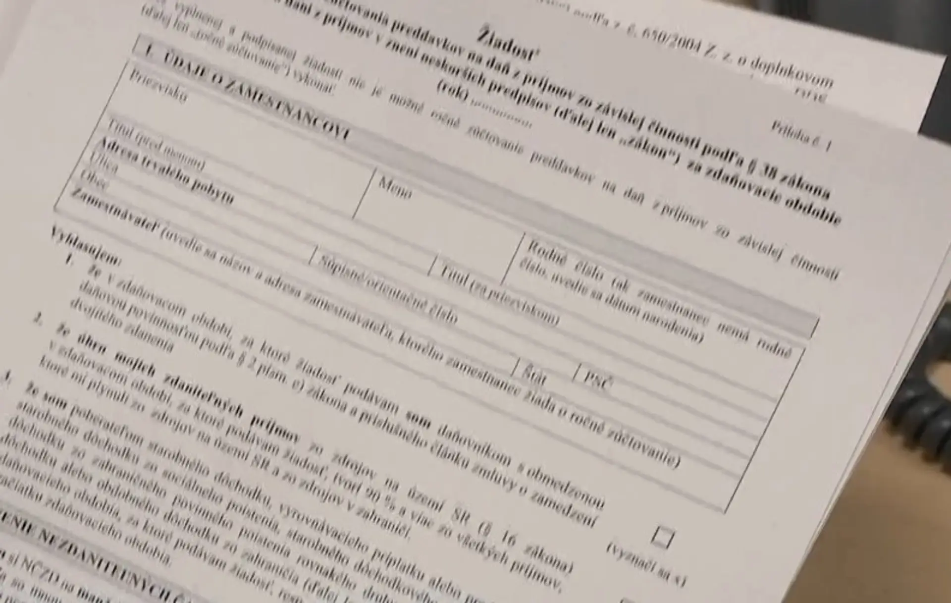 Formulár daňového priznania.