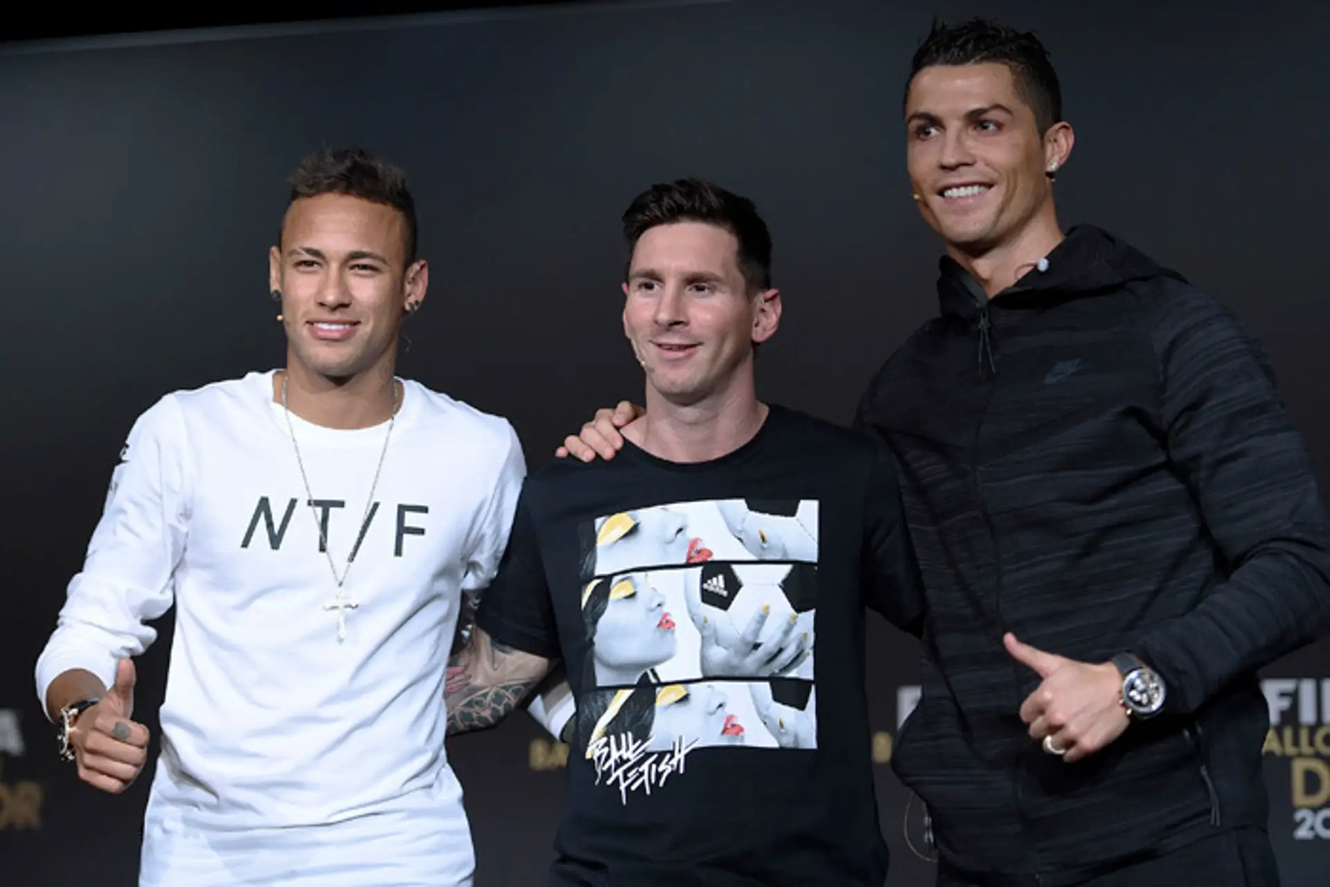 Finalisti Zlatej lopty - Neymar, Messi a Ronaldo.