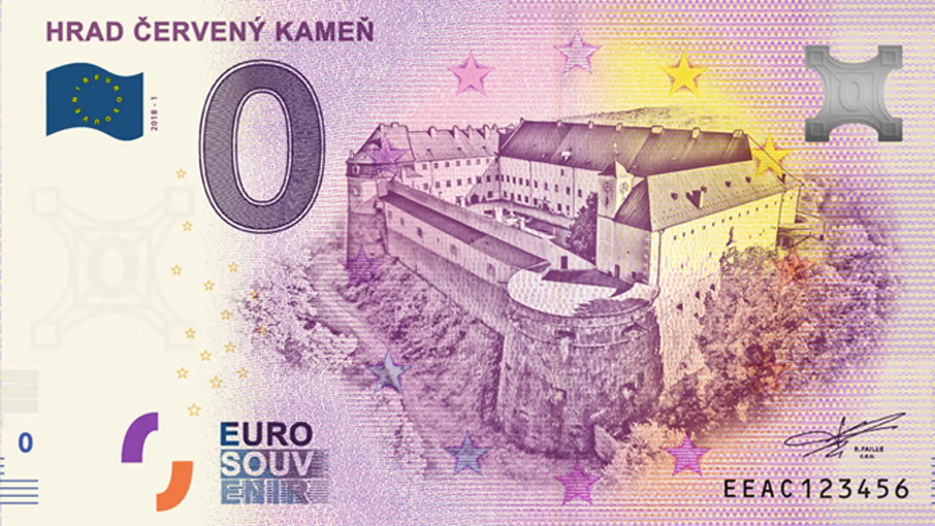 Hrad červený kameň má svoju 0 euro souvenir bankovku.