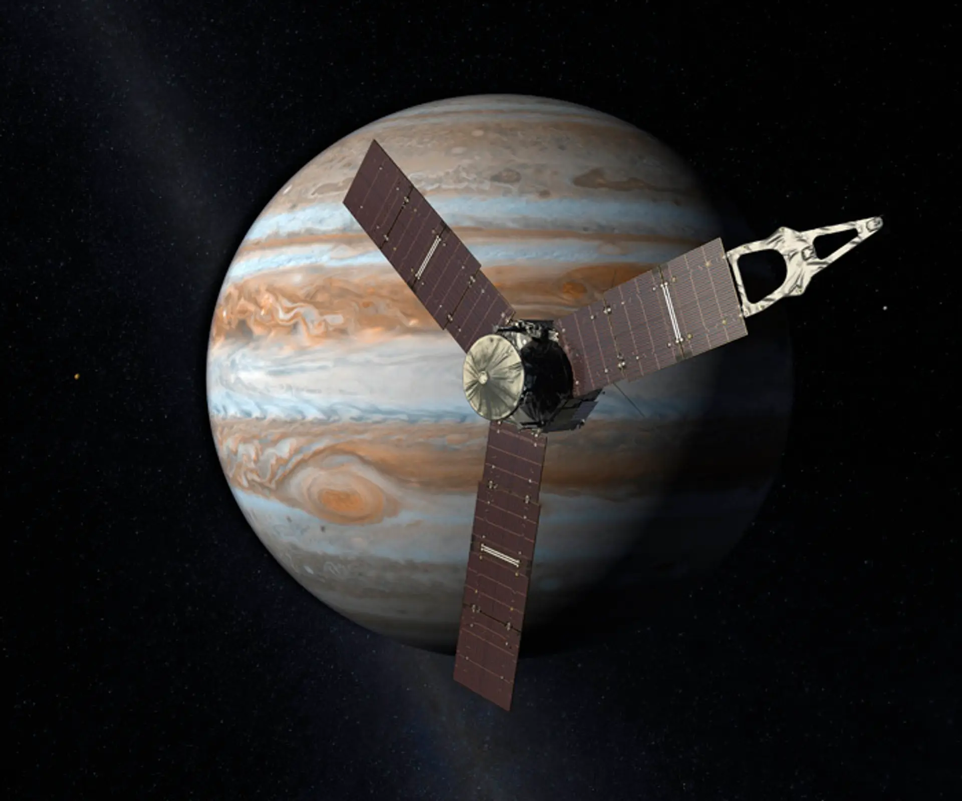 Na umeleckej snímke americká družica Juno nad planétou Jupiter.