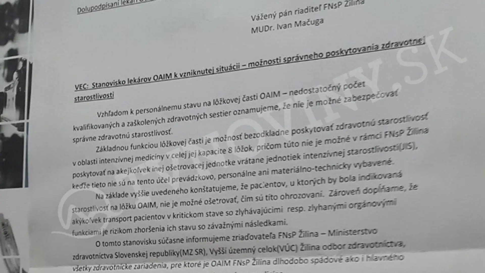 List lekárov riaditeľovi žilinskej nemocnice. (titulné foto)