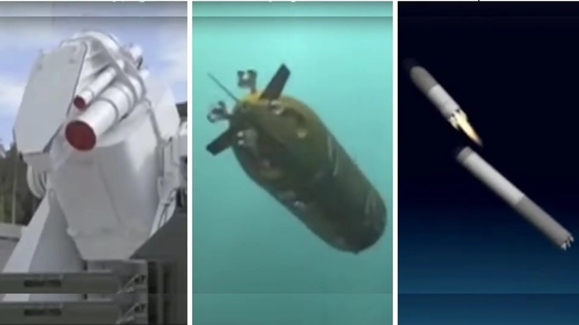 Ruské zbraňové systémy Peresvet, Poseidon a Burevestnik.