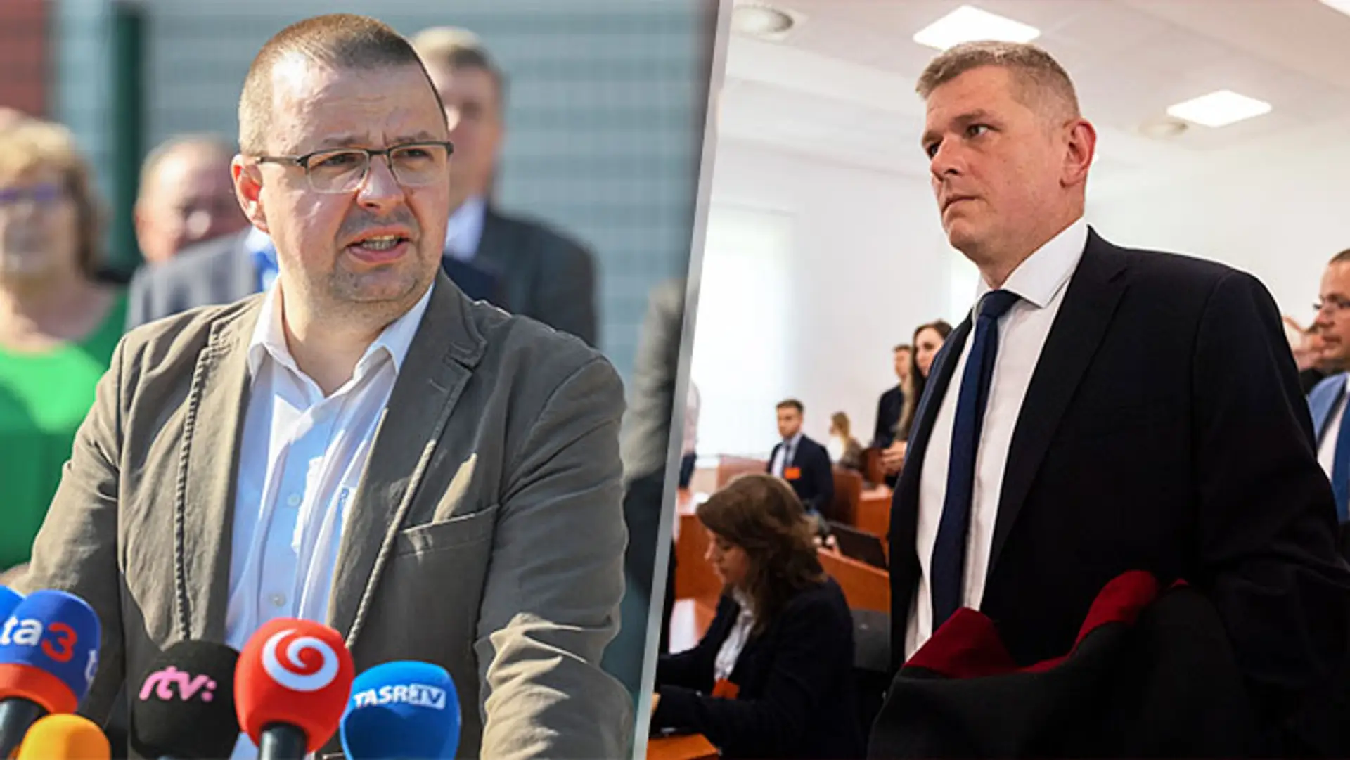 Na snímke prokurátori Matúš Harkabus a Daniel Mikuláš, ktorí sa vzdali funkcií.