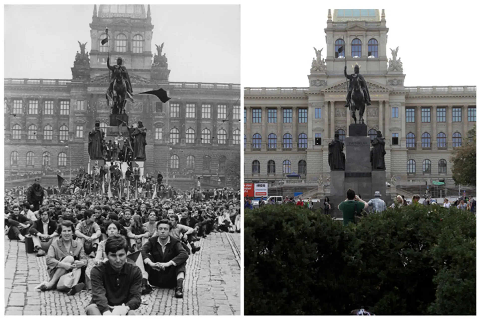 Sediaci protest proti okupácii ČSSR 24. augusta 1968 pred sochou sv. Václava na Václavskom námestí v Prahe.