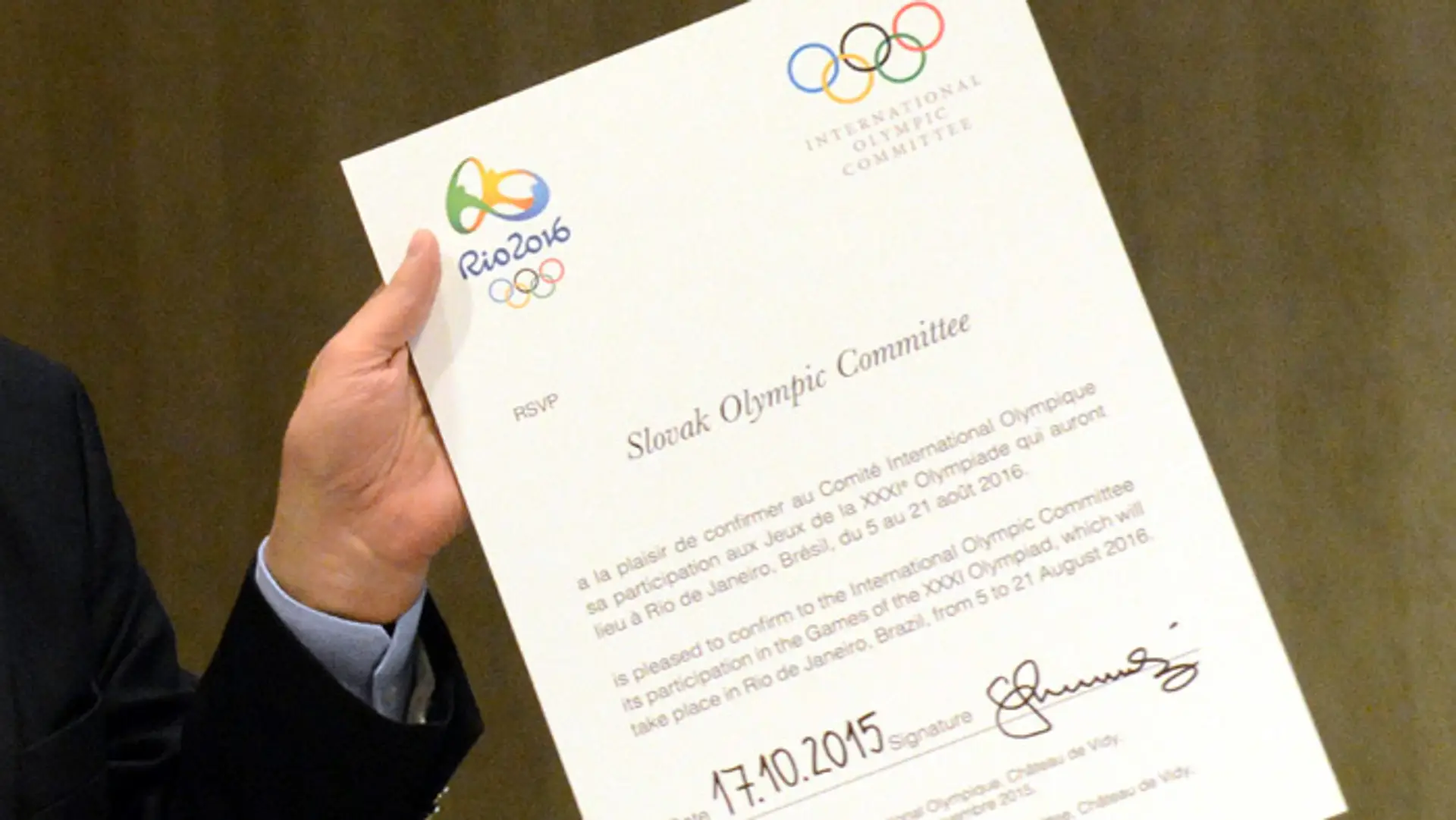Oficiálna prihláška Slovenska na letnú olympiádu v Rio de Janeiro.