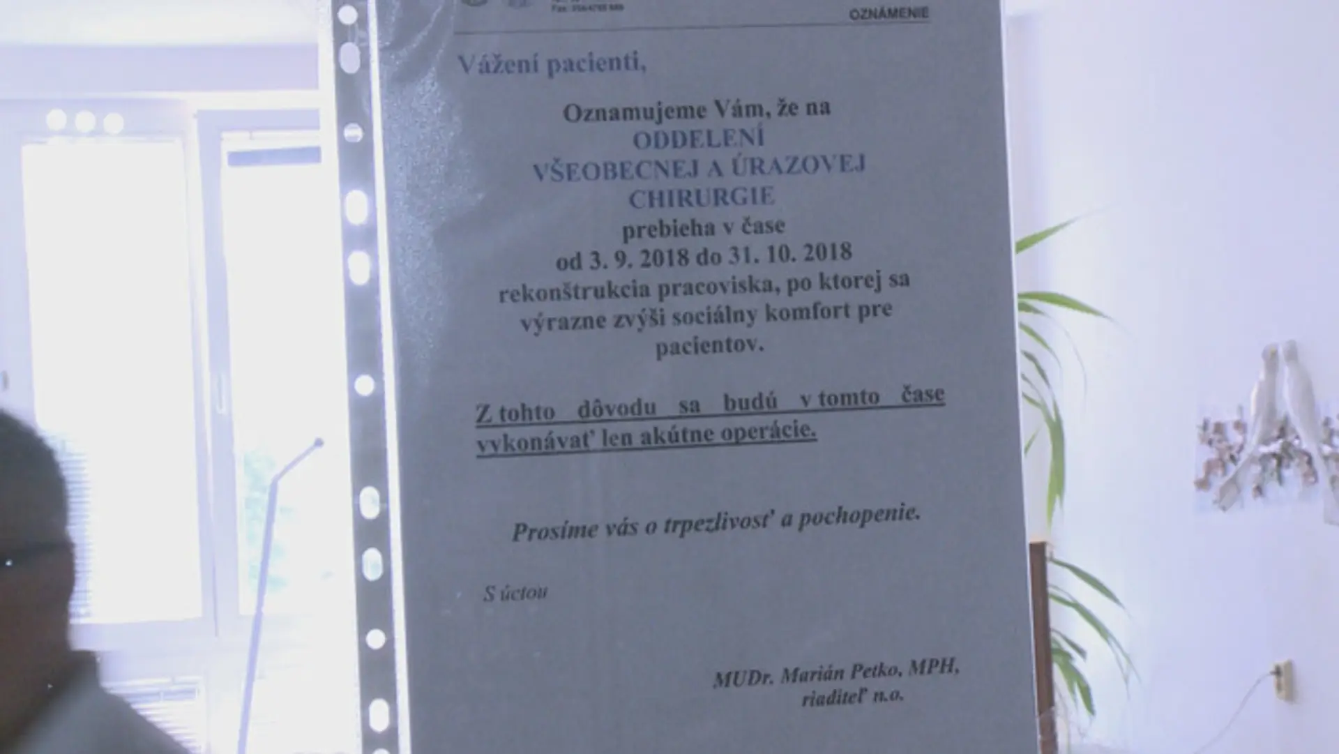 Oznam o uzatvorení oddelenia v bardejovskej nemocnici.