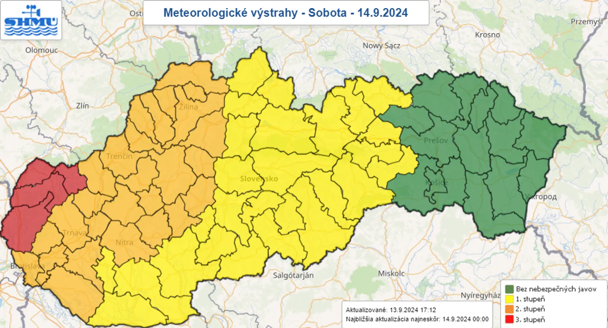 Meteorologické výstrahy na sobotu 14. septembra.