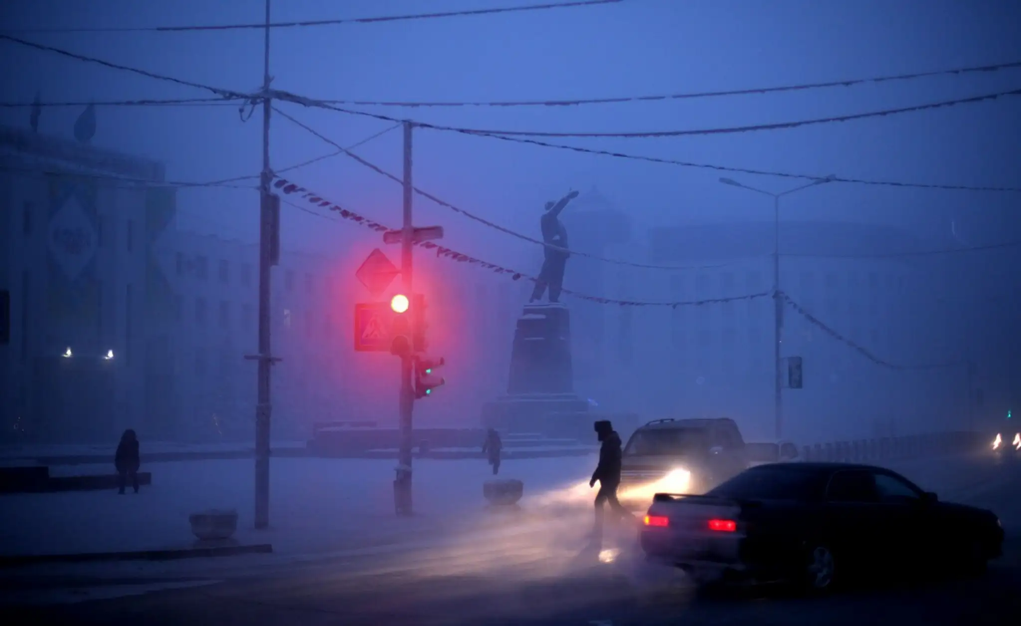 Pohľad na námestie v meste Yakutsk. Teplomer ukazoval -48 stupňov